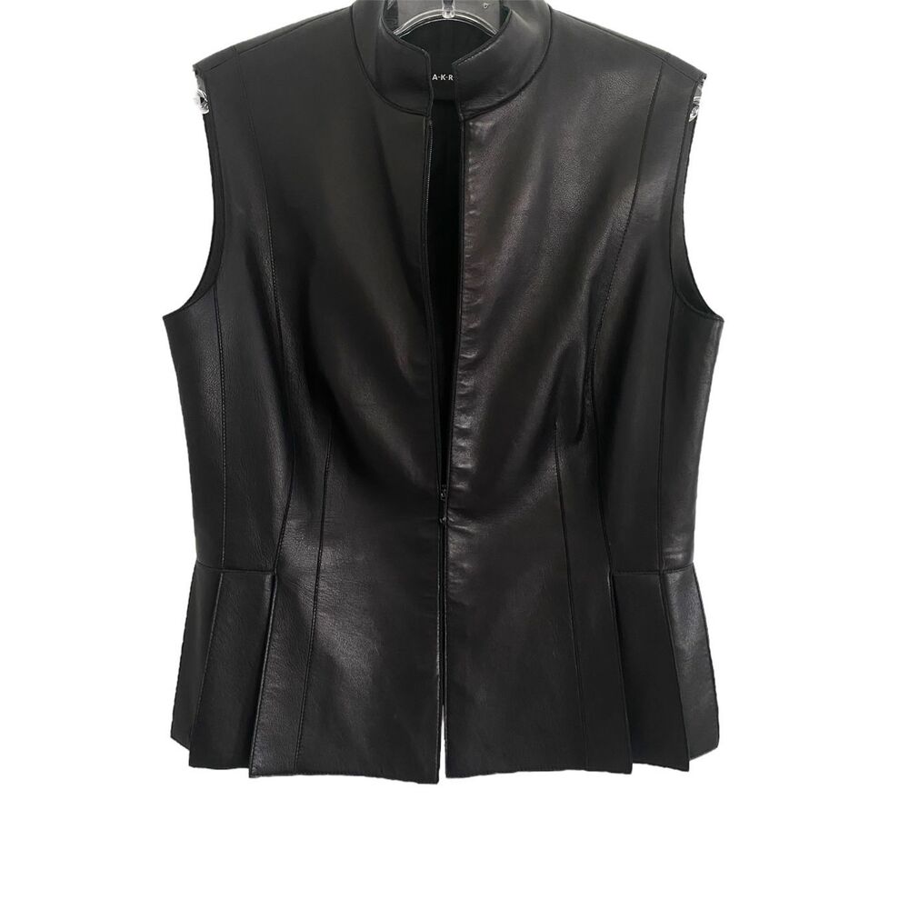 Akris Black 100% Lammnapa Leather Collared Front Zipper Women Vest Sz 8